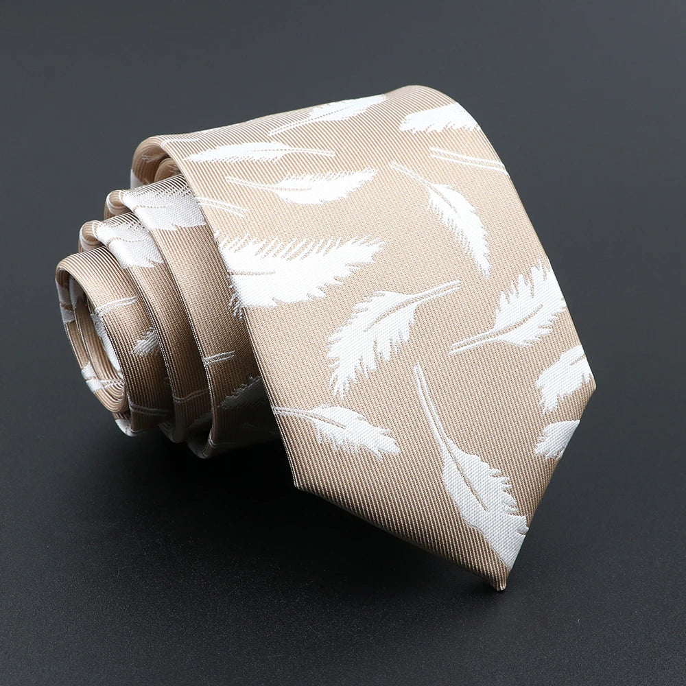La Garde - Beige Tie with White Feather Pattern – Earthy Elegance, Lighthearted Flair