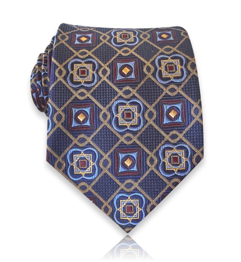 Navy jacquard silk tie with gold lattice and quatrefoil medallions