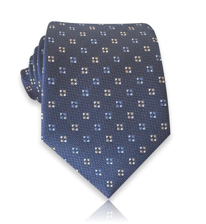 Navy jacquard silk tie with small gold square neats
