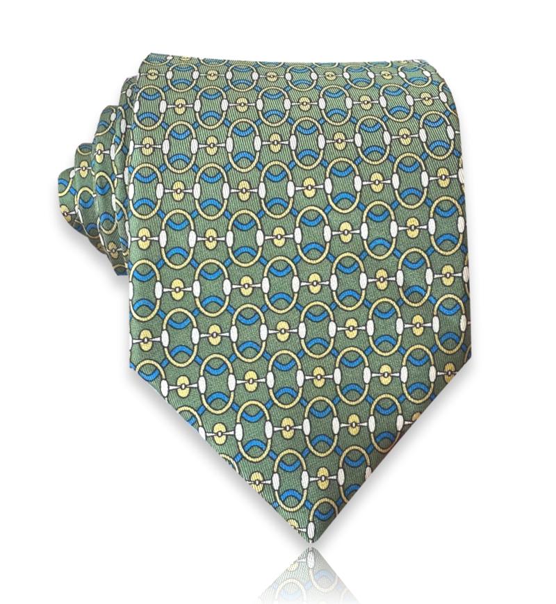 Olive green jacquard silk tie with turquoise chain motif