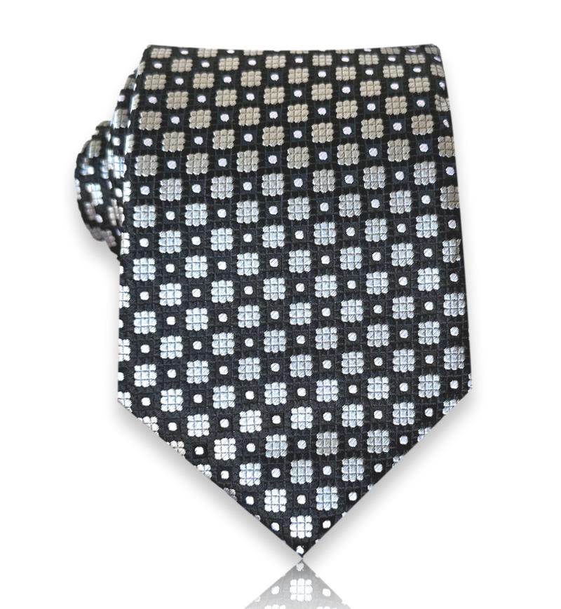 Onyx black jacquard silk tie with pearl dot florets