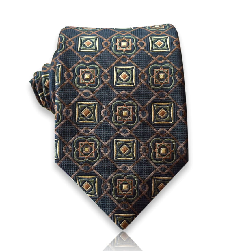 Dark teal jacquard silk tie with gold square medallions