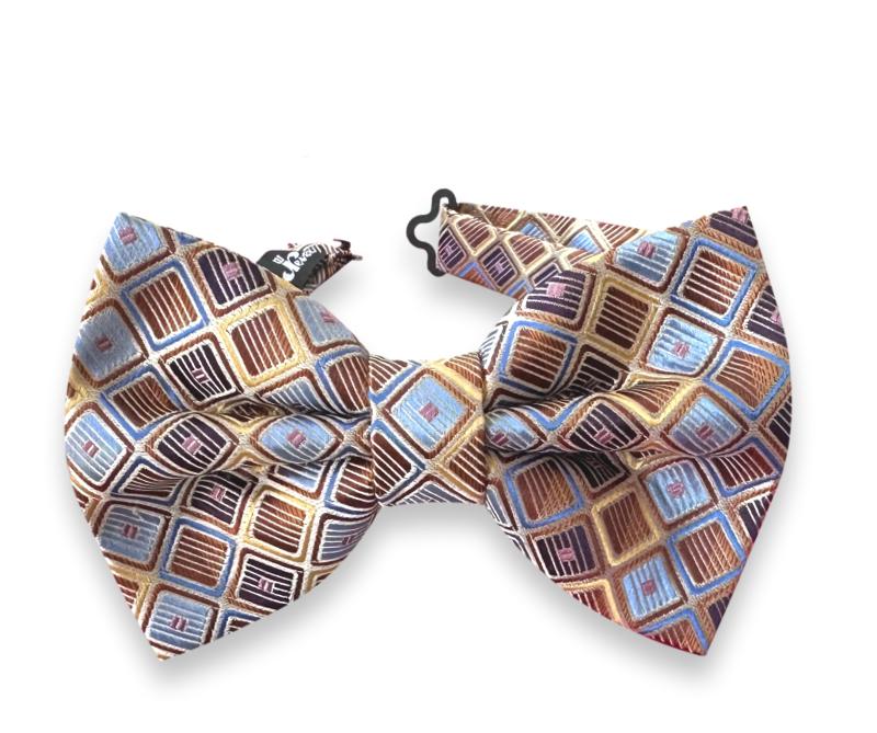 Tan and sky blue silk bow tie with framed squares