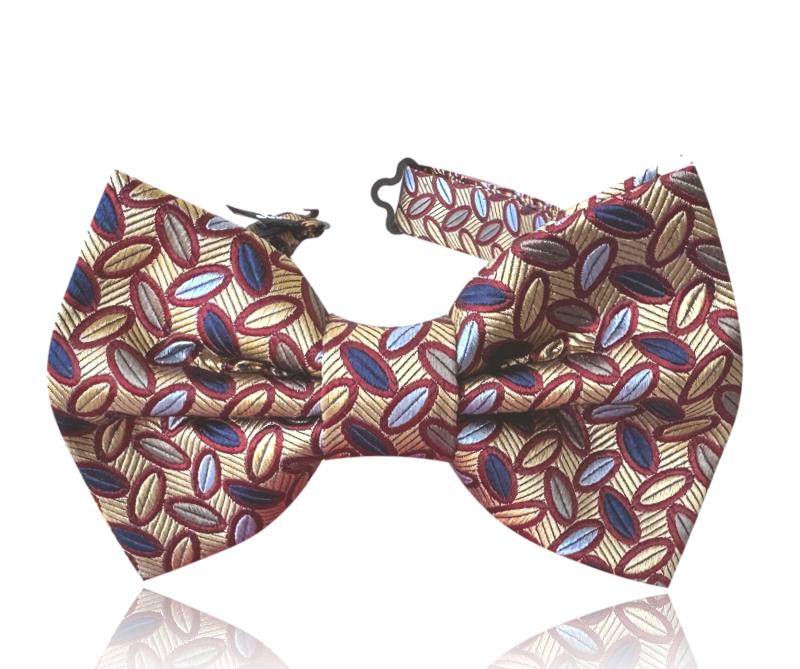 Cream and gold silk bow tie with burgundy leaf motifs