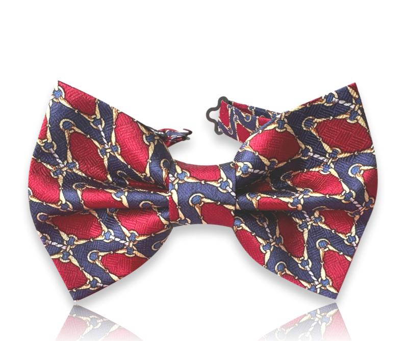 Crimson and navy silk bow tie with gold bridle motifs