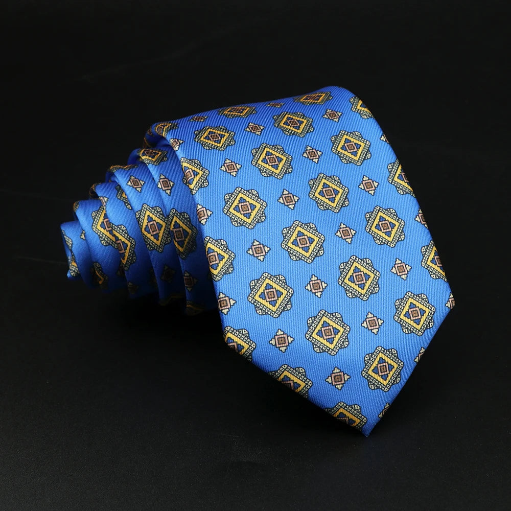 D'Avalos - 黄色とバーガンディの幾何学模様の青いネクタイ