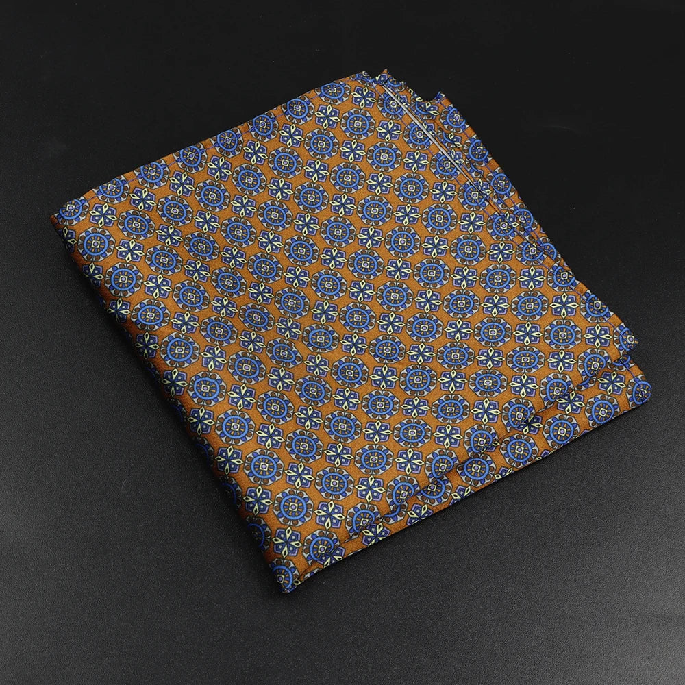 Joyeuse - Orange Pocket Square with Blue and Yellow Medallion Pattern