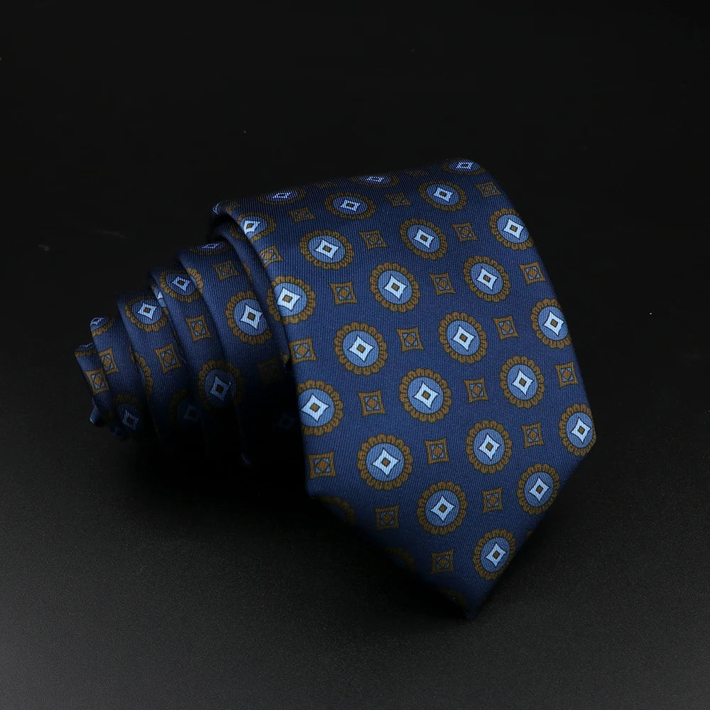 Berry - Navy Blue and Gold Medallion Patterned Necktie