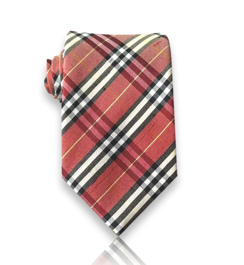 Coral red silk tie with black and ivory tartan check