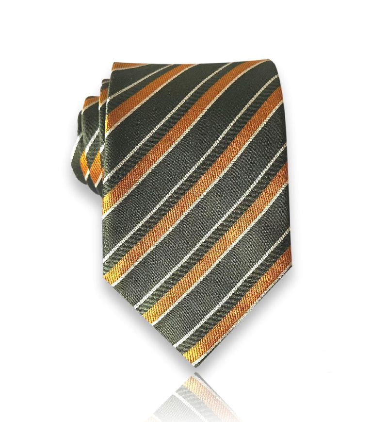 Olive green silk tie with amber and gold stripes