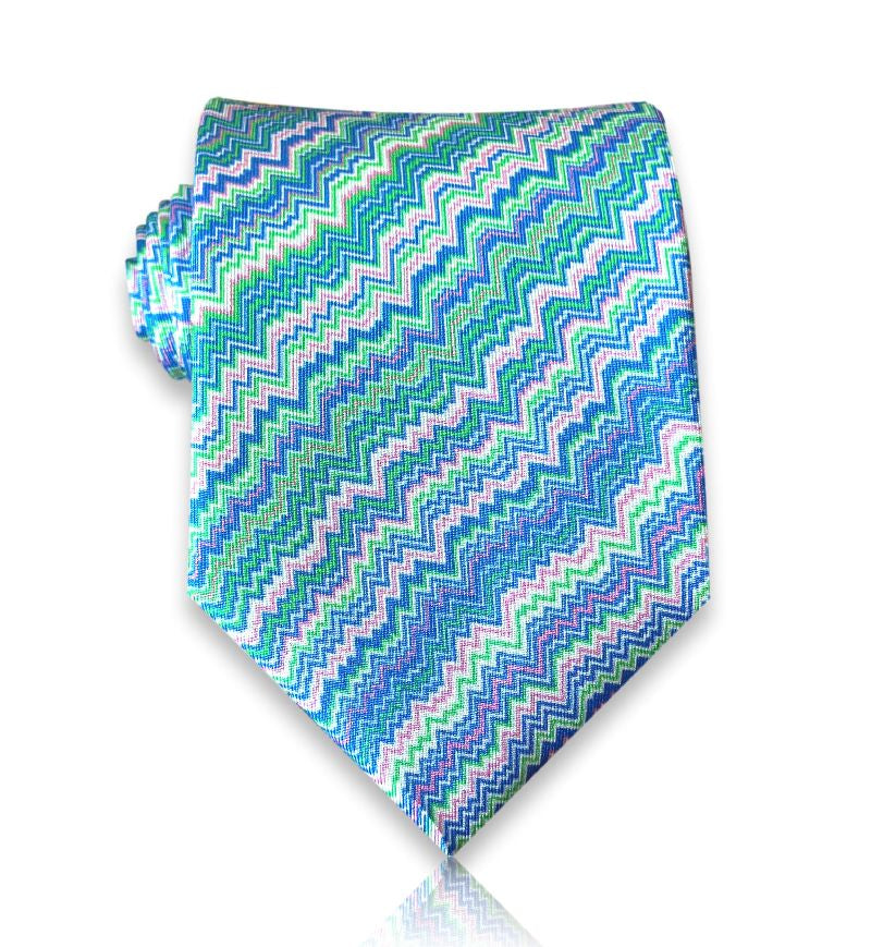 Emerald and aqua woven chevron silk tie
