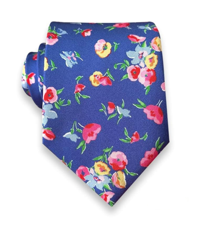 Royal blue silk tie with multicolour floral print