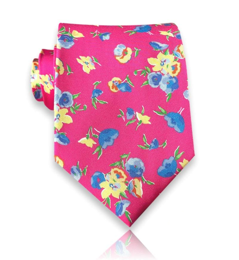 Fuchsia pink silk tie with multicolour floral print