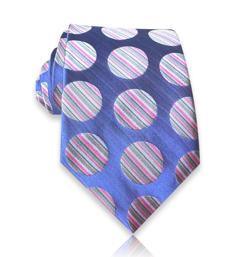 Blue silk tie with oversized pink and white striped circles