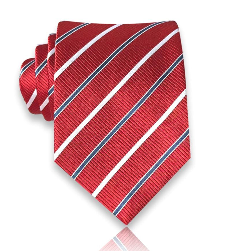Scarlet silk tie with navy and white guard stripes