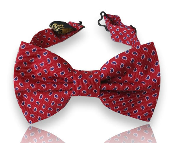 Sarriera red silk bow tie with navy and white micro paisley