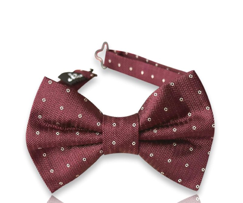 Burgundy silk bow tie with ivory pin dots