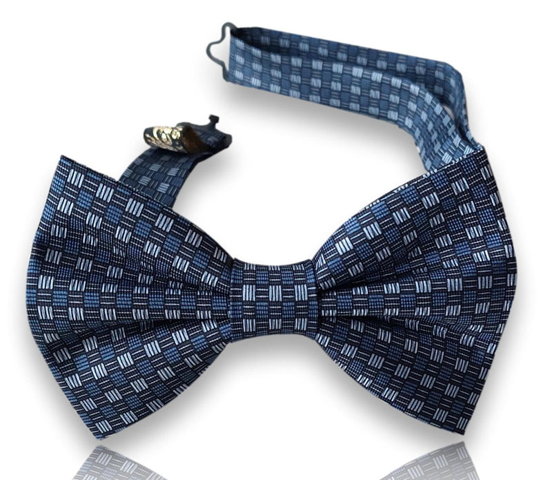 Bellera navy and steel blue silk bow tie with broken grid check