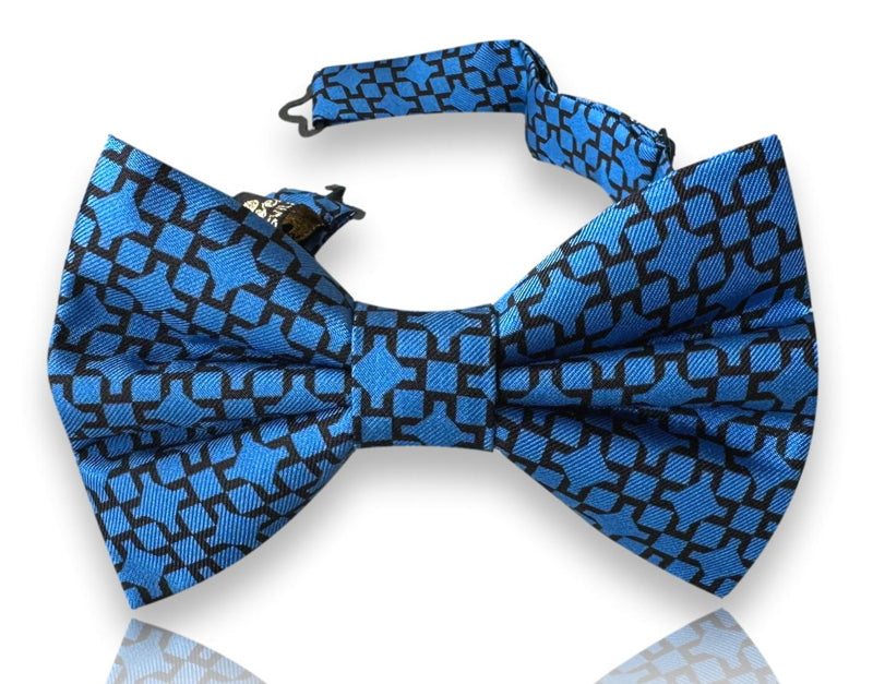Boïl azure blue silk bow tie with black square lattice