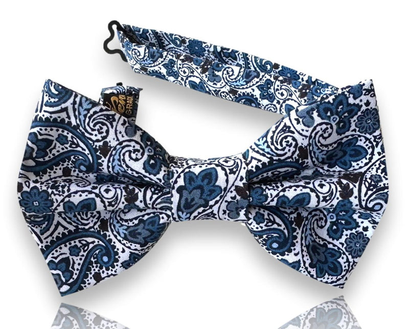 Erill white silk bow tie with navy and teal paisley