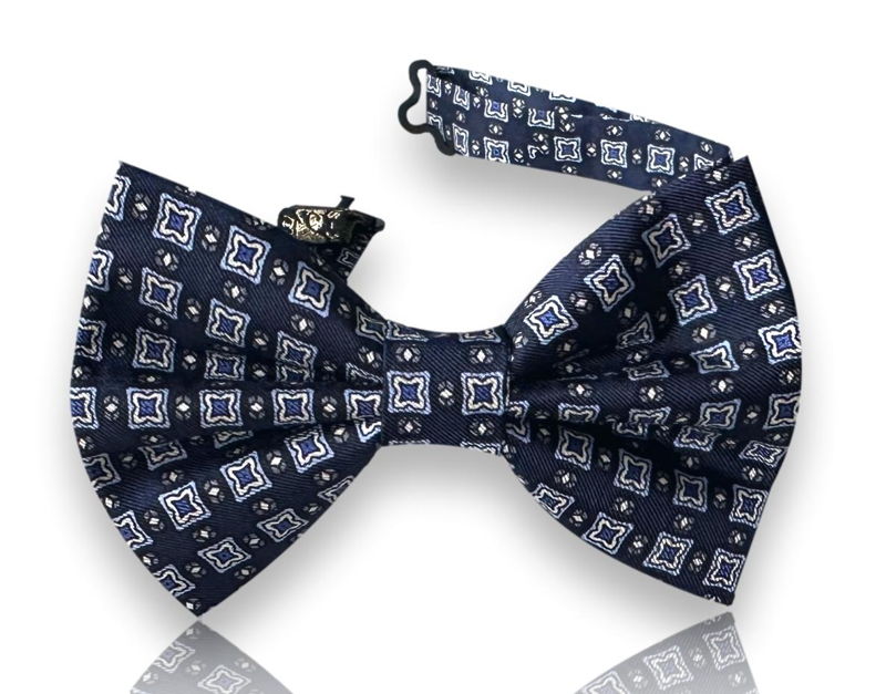 Torrigiani navy silk bow tie with white square medallions