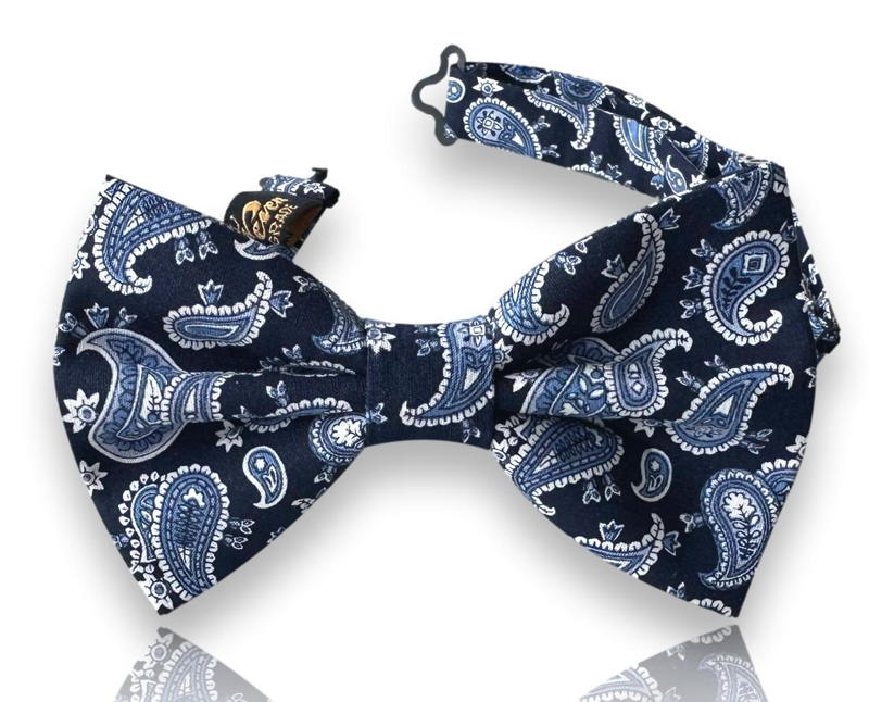 Ridolfi navy silk bow tie with large sky blue and white paisley