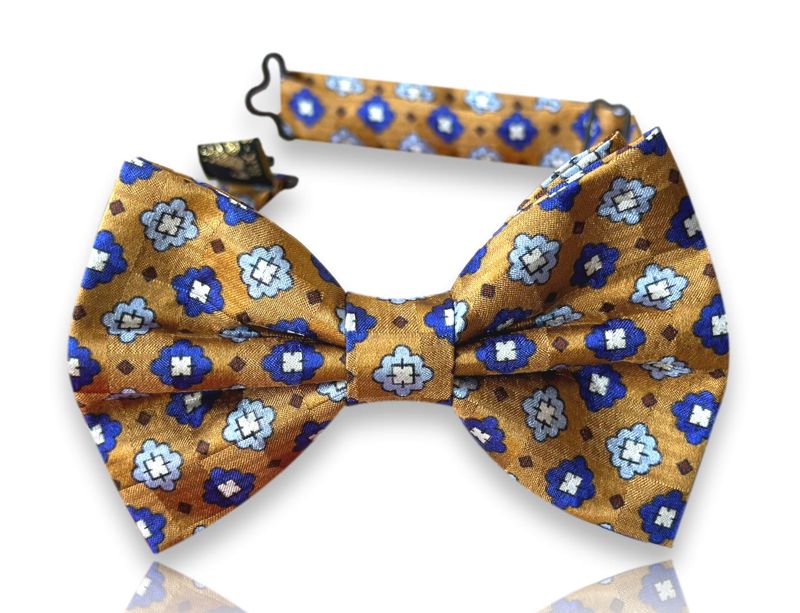 Tomacelli ochre silk bow tie with blue and white flowers