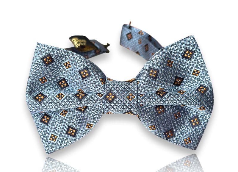 Trigona pale blue silk bow tie with brown and navy diamond medallions