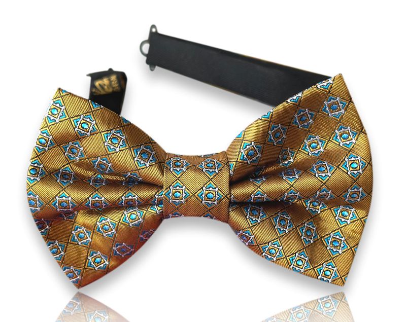 Migliaccio gold and turquoise diamond lattice silk bow tie