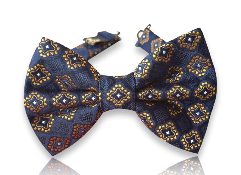 Perollo navy silk bow tie with gold and cream diamond medallions