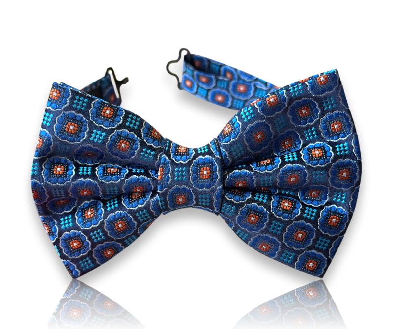 Cobalt blue silk bow tie with amber floral medallions