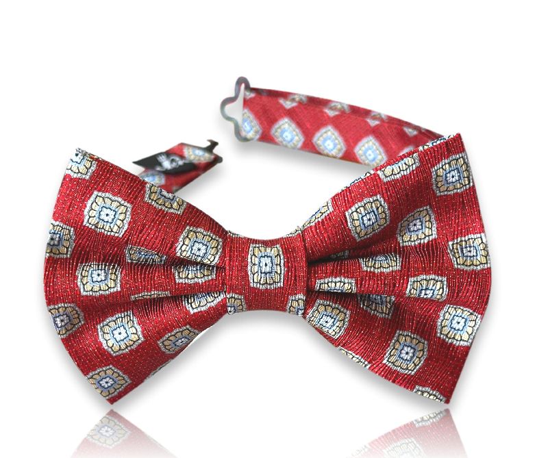 Scarlet silk bow tie with framed square medallions