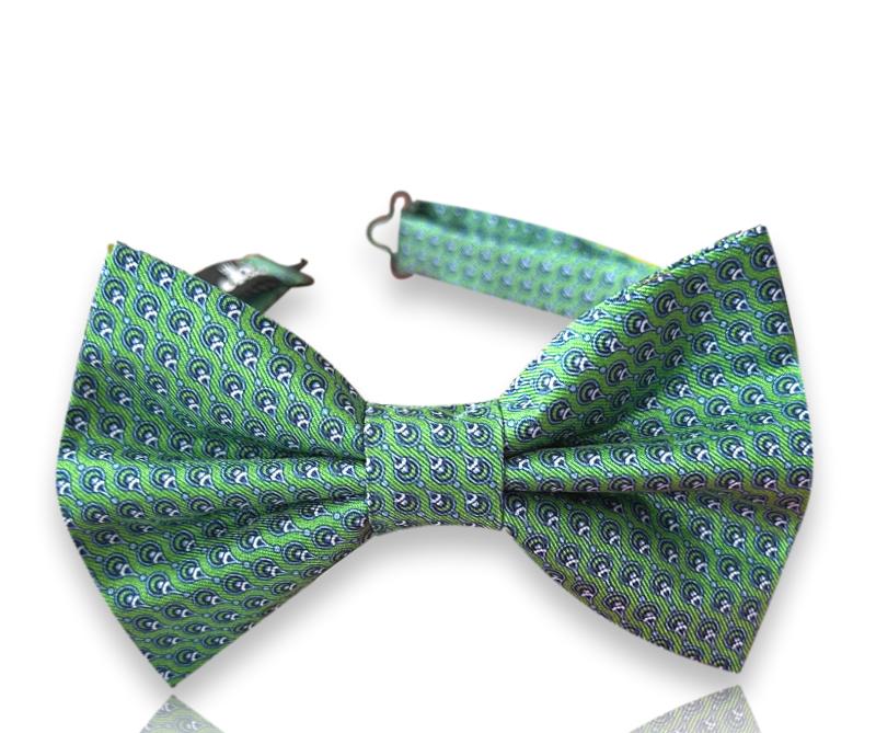 Emerald green silk bow tie with navy micro paisley