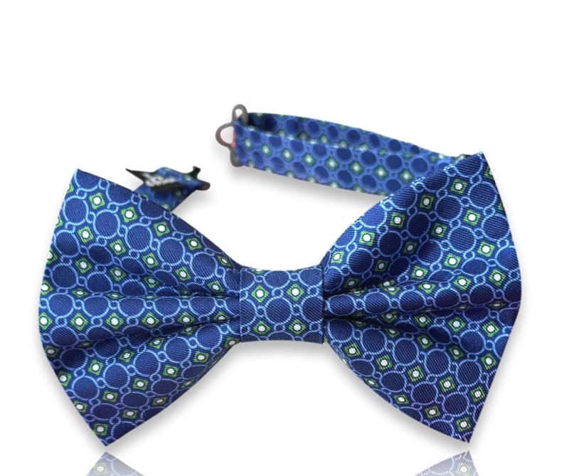 Royal blue silk bow tie with circle medallions