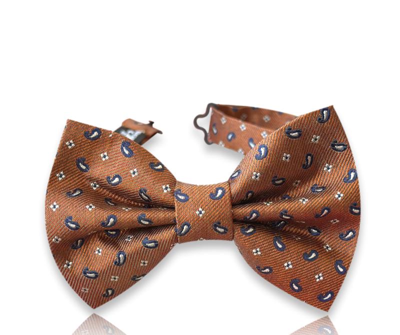 Copper silk bow tie with navy paisley motifs