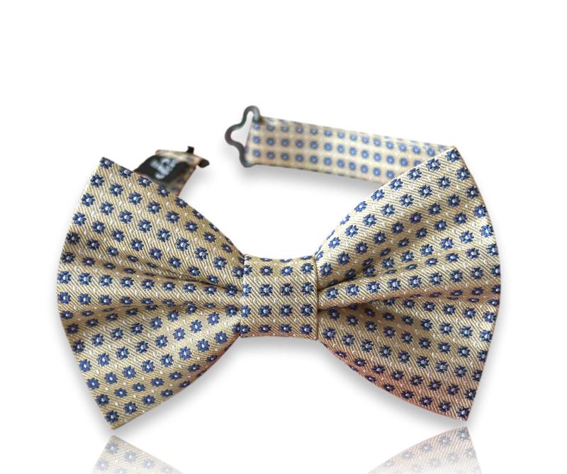 Ivory silk bow tie with navy floral neats