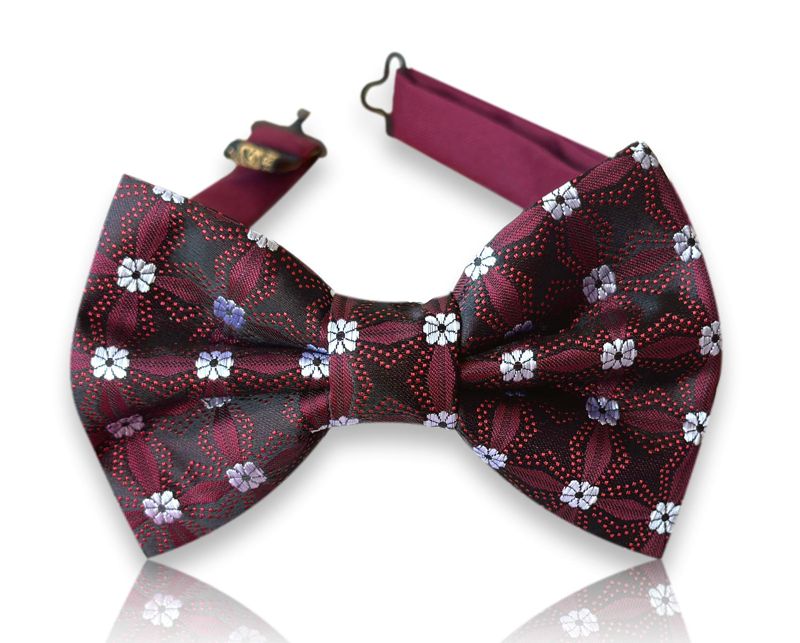 Burgundy silk bow tie with white daisies