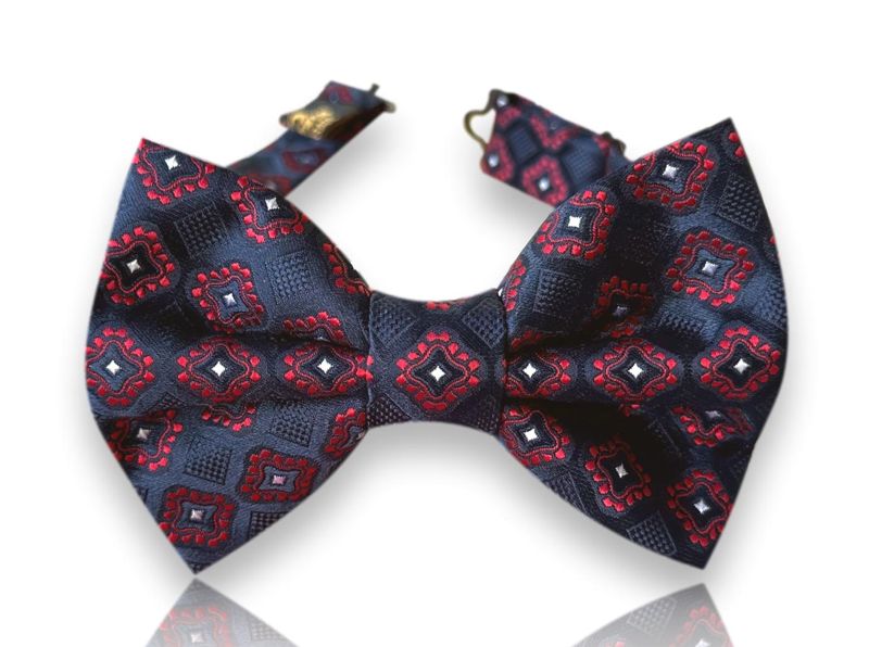 Perollo navy silk bow tie with red and white diamond medallions