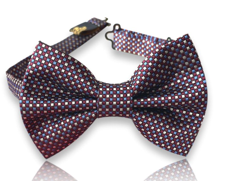 Gravina burgundy silk bow tie with white micro square grid