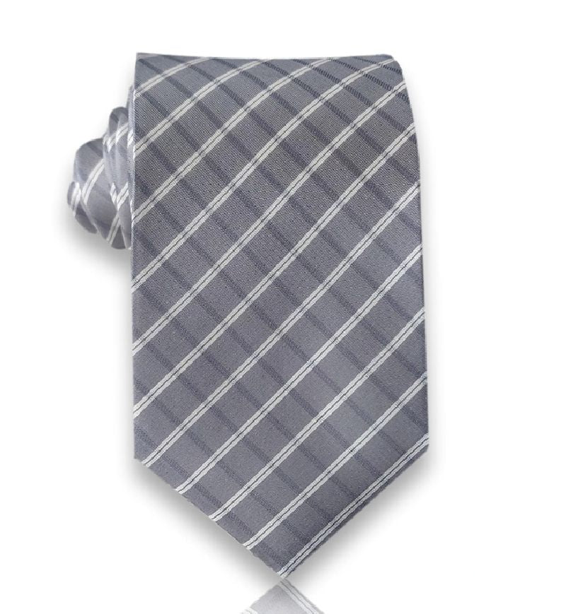 Silver grey pencil stripe silk tie flat view