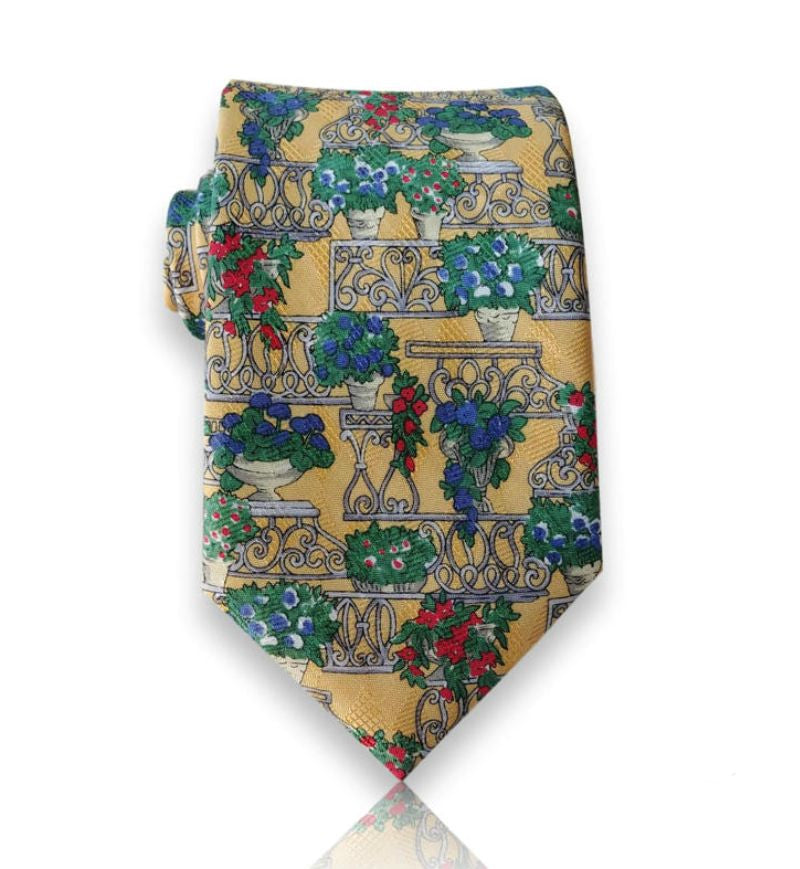 Golden garden terrace silk tie flat view