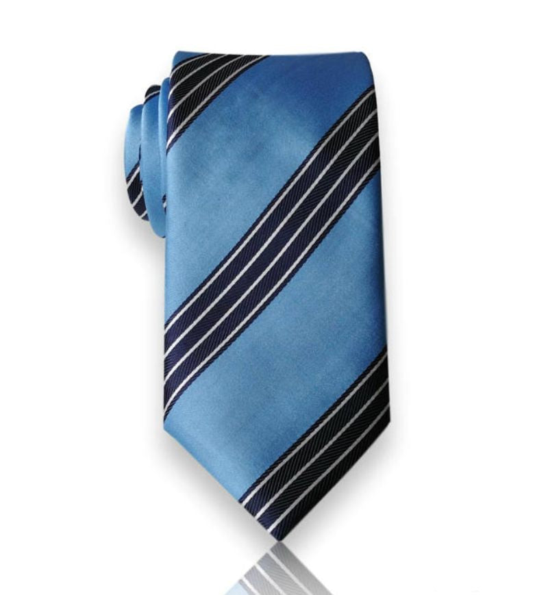 Sky blue navy stripe silk tie flat view