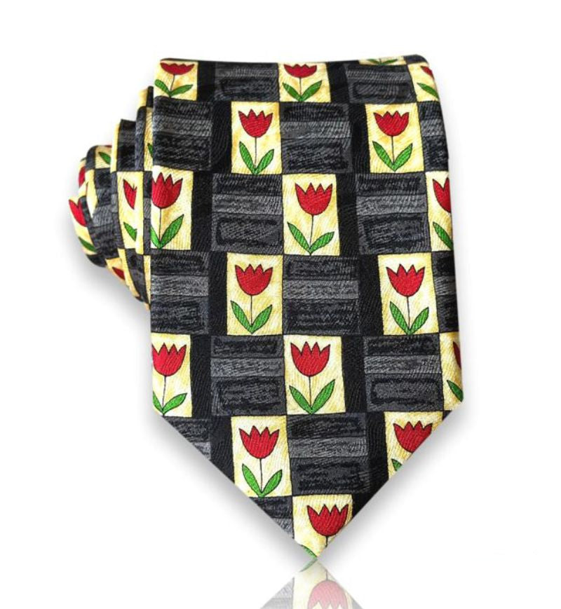 Charcoal tulip panel silk tie flat view