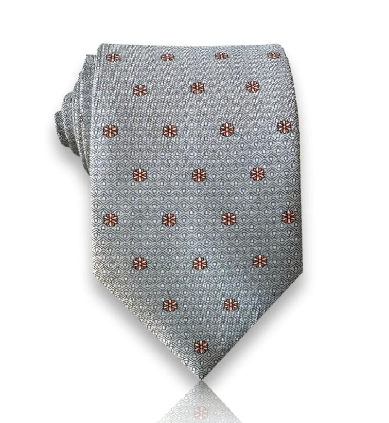 Silver scarlet star motif silk tie flat view