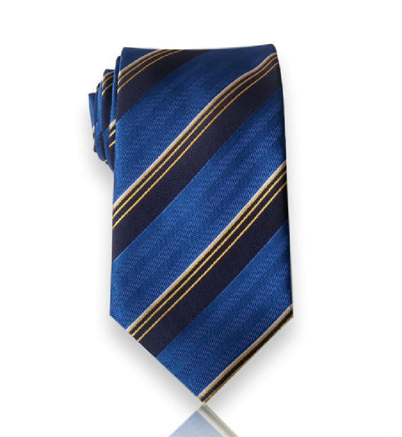 Royal blue gold stripe silk tie flat view
