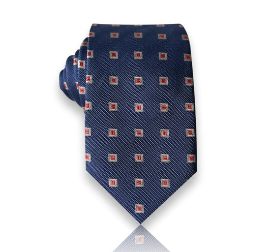 De Saulx - Navy Silk Tie with Red & White Square Motif – Bold Contrast, Classic Confidence