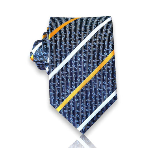 Du Saussay - Navy Silk Tie with Orange & White Stripes – Modern Contrast with Bold Accents