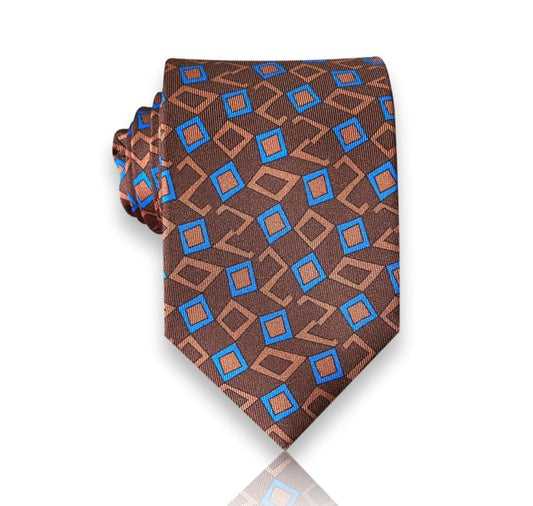 Calvi - Brown Silk Tie with Blue Geometric Pattern – Modern Geometry with Timeless Elegance