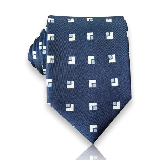 De Souvré - Navy Silk Tie with White Abstract Squares – Modern Minimalism Meets Classic Style