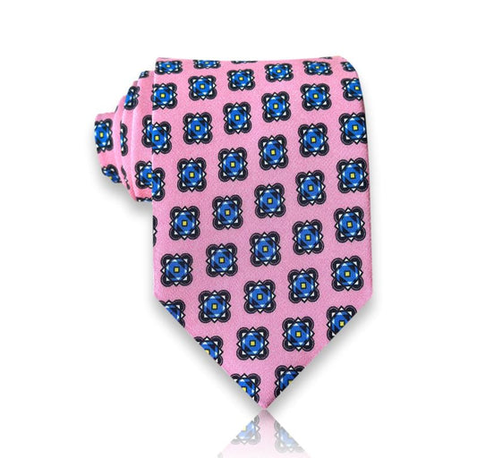 Loffredo della Valle - Pink and Blue Floral Medallion Silk Tie – Vibrant Charm with European Craftsmanship